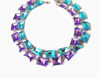 Anna Wintour Necklace SET: Purple & Light Aquamarine Turquoise Blue Rectangular Crystal on Gold Tone Chain.