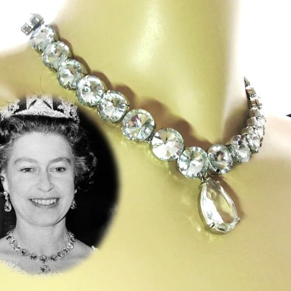 Coronation Choker necklace Tear Drop Faux diamonds Queen Elizabeth, Queen Victoria & Queen Camilla Statement Crystal Collar Necklace Replica