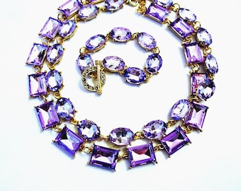 Anna Wintour Statement Necklaces & Bracelet SET, Bold Stacking Necklace, Layering, Light Purple Riviere, Oval, Octagon Rectangular Crystals