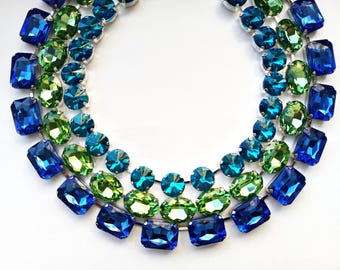 Anna Wintour SET Statement Necklaces: Peridot Green, Cobalt Blue Purple Chunky Tennis Necklace Octagon, Oval & Round Austrian Rivoli Crystal