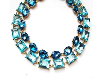 Anna Wintour Statement Necklace SET, Oval Light & Cobalt Blue Riviere Layering Stacking Aquamarine Tennis Necklace Turquoise Strass Crystal