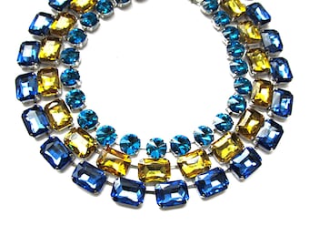 Anna Wintour Necklaces Citrine Yellow Gold, Aquamarine Sapphire Blue Purple Octagon & Round Austrian Crystal Collet Georgian Paste SET