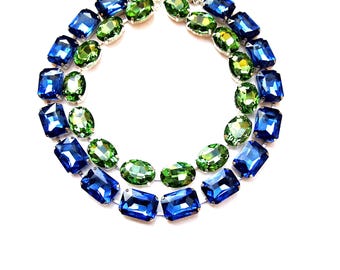 Anna Wintour Necklace SET for Layering: Peridot Green Oval, and Sapphire Blue Rectangular Octagon Crystals on Silver Tone Statement Necklace