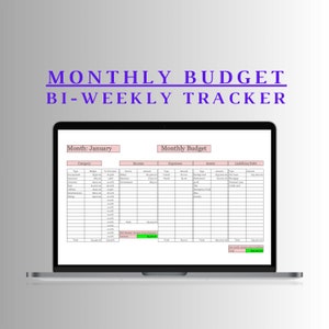 K&ouml;nnte beinhalten: Ein Laptop zeigt eine "Monatliches Budget Zweiw&ouml;chentlicher Tracker"-Tabelle. Der Bildschirm zeigt eine Budgetvorlage f&uuml;r Januar mit Kategorien f&uuml;r Einnahmen, Ausgaben, Verm&ouml;genswerte und Verbindlichkeiten. Der Text ist lila und die Tabelle hat einen wei&szlig;en Hintergrund.