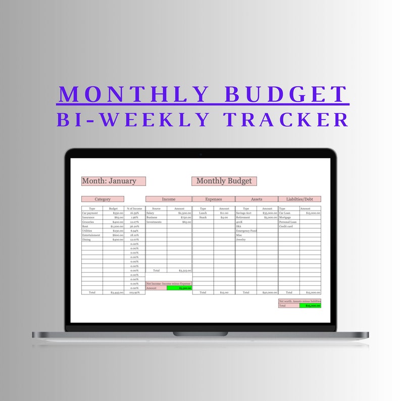 K&ouml;nnte beinhalten: Ein Laptop zeigt eine "Monatliches Budget Zweiw&ouml;chentlicher Tracker"-Tabelle. Der Bildschirm zeigt eine Budgetvorlage f&uuml;r Januar mit Kategorien f&uuml;r Einnahmen, Ausgaben, Verm&ouml;genswerte und Verbindlichkeiten. Der Text ist lila und die Tabelle hat einen wei&szlig;en Hintergrund.