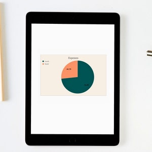 K&ouml;nnte beinhalten: Ein digitales Tablet zeigt ein Tortendiagramm mit der Bezeichnung "Ausgaben". Das Diagramm zeigt zwei Segmente: "Mittagessen" mit 73,3 % in Teal und "Snack" mit 26,7 % in Orange. Das Tablet liegt auf einer wei&szlig;en Oberfl&auml;che mit Bleistiften und einer Klammer.