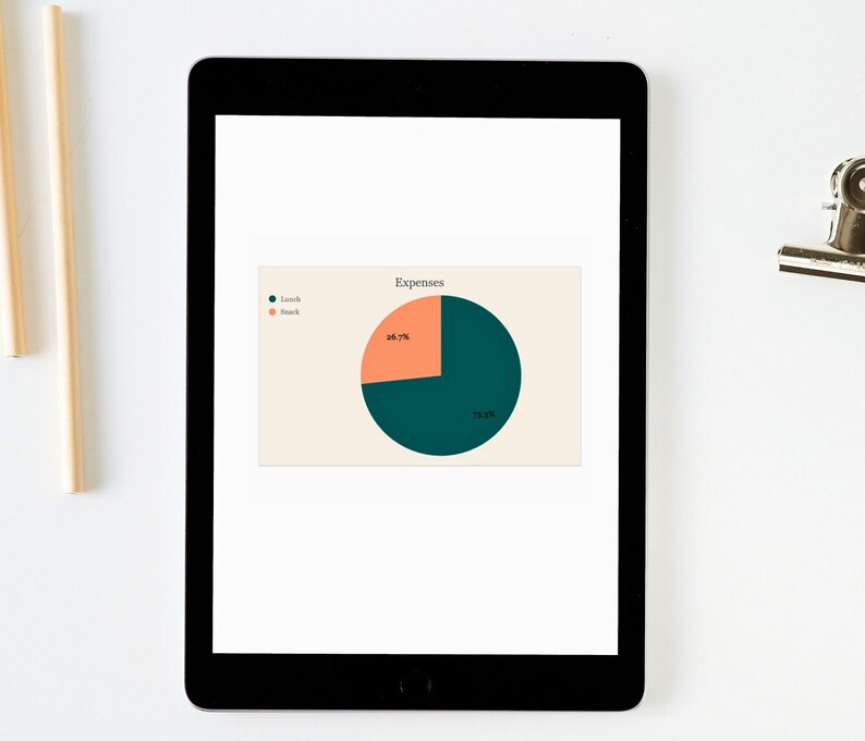 K&ouml;nnte beinhalten: Ein digitales Tablet zeigt ein Tortendiagramm mit der Bezeichnung "Ausgaben". Das Diagramm zeigt zwei Segmente: "Mittagessen" mit 73,3 % in Teal und "Snack" mit 26,7 % in Orange. Das Tablet liegt auf einer wei&szlig;en Oberfl&auml;che mit Bleistiften und einer Klammer.
