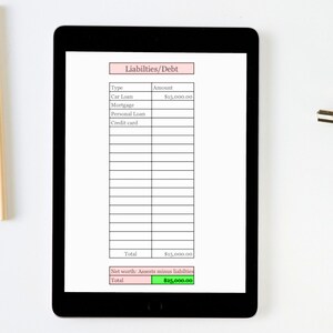 Puede incluir: Una tableta digital que muestra una hoja de c&aacute;lculo de pasivos y deudas con un total de $ 15,000.00. El patrimonio neto es de $ 25,000.00.
