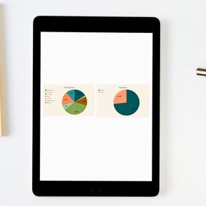 Puede incluir: Una pantalla de tableta que muestra dos gr&aacute;ficos circulares. El primer gr&aacute;fico muestra el porcentaje de ingresos de diferentes fuentes, con la porci&oacute;n m&aacute;s grande etiquetada como "Otro" en 34,7%. El segundo gr&aacute;fico muestra los gastos, con la porci&oacute;n m&aacute;s grande etiquetada como "Alquiler" en 69,1%.