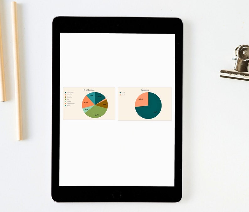 Puede incluir: Una pantalla de tableta que muestra dos gr&aacute;ficos circulares. El primer gr&aacute;fico muestra el porcentaje de ingresos de diferentes fuentes, con la porci&oacute;n m&aacute;s grande etiquetada como "Otro" en 34,7%. El segundo gr&aacute;fico muestra los gastos, con la porci&oacute;n m&aacute;s grande etiquetada como "Alquiler" en 69,1%.