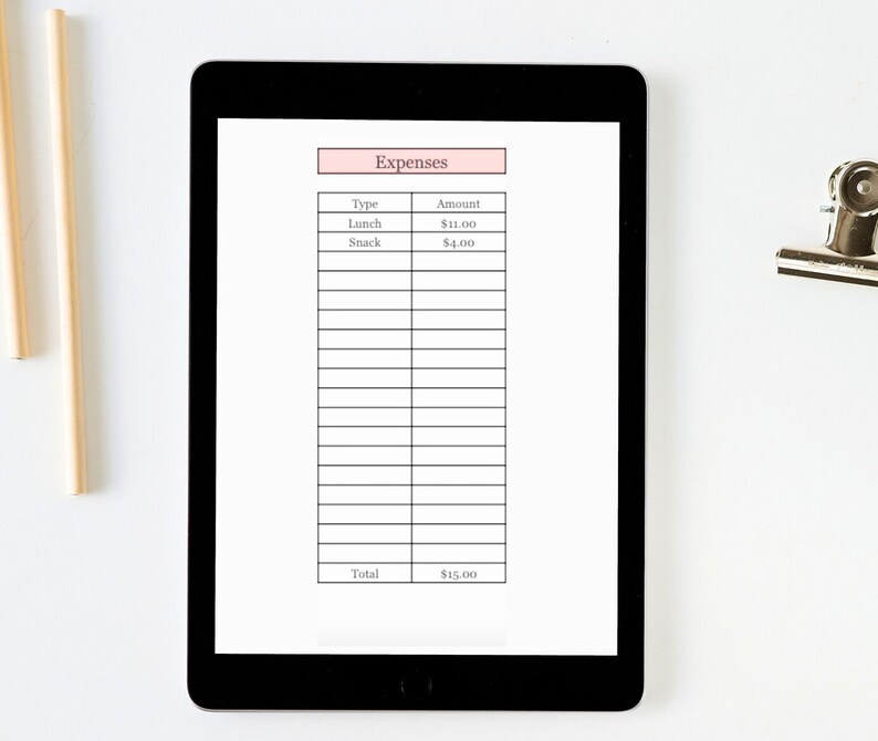 Puede incluir: Una tableta digital que muestra una hoja de c&aacute;lculo simple de seguimiento de gastos con columnas para "Tipo" y "Cantidad". La hoja de c&aacute;lculo enumera dos gastos: "Almuerzo" por $ 11.00 y "Merienda" por $ 4.00. Los gastos totales son $ 15.00.
