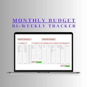 Puede incluir: Una computadora port&aacute;til muestra una hoja de c&aacute;lculo de "Presupuesto Mensual Quincenal". La pantalla muestra una plantilla de presupuesto para enero, con categor&iacute;as de ingresos, gastos, activos y pasivos. El texto es morado y la hoja de c&aacute;lculo tiene un fondo blanco.