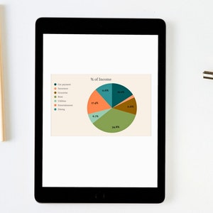 K&ouml;nnte beinhalten: Ein schwarzes Tablet zeigt ein Tortendiagramm mit der Bezeichnung "% of Income". Das Diagramm ist in farbige Segmente unterteilt, die Ausgaben wie Autozahlung, Versicherung, Lebensmittel, Miete, Nebenkosten, Unterhaltung und Essen darstellen, mit Prozentangaben.
