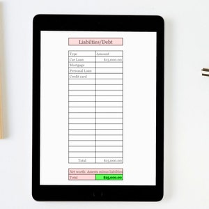 Puede incluir: Una tableta negra muestra un gr&aacute;fico de pasivos/deudas financieras. El gr&aacute;fico incluye categor&iacute;as como pr&eacute;stamo de coche, hipoteca y tarjeta de cr&eacute;dito, con una deuda total de 15.000 &euro;. El patrimonio neto es de 25.000 &euro;.