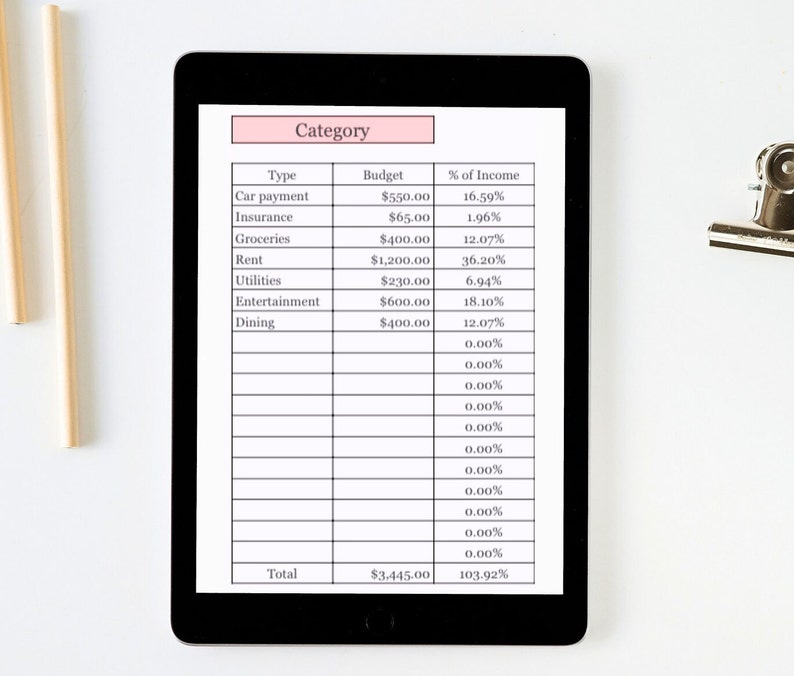 Puede incluir: Una tableta negra muestra una hoja de c&aacute;lculo de presupuesto con categor&iacute;as como pago de coche, seguro y comestibles. La hoja de c&aacute;lculo incluye los importes del presupuesto y los porcentajes de ingresos. La tableta est&aacute; sobre una superficie blanca.
