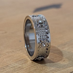 Silver Cogwheel Fidget Ring, Zircon Gem Ring, Fidget Spinner Ring, Anxiety Ring, Rotating Gear Ring for Men Women Unisex