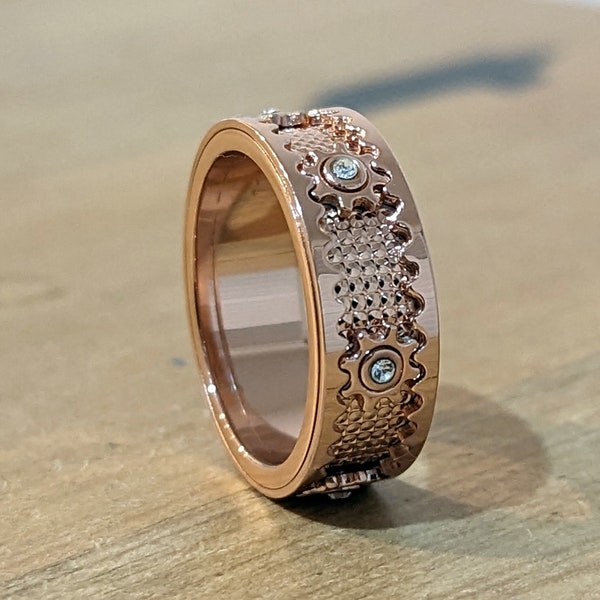 Rose Gold Cogwheel Fidget Ring, Zircon Gem Ring, Fidget Spinner Ring, Anxiety Ring, Rotating Gear Ring for Men Women Unisex