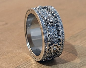Silver Cogwheel Fidget Ring, Iced Out Ring, Stainless Steel Fidget Spinner Ring, Anxiety Ring, Rotating Gear Ring for Men Women Unisex