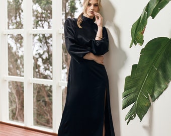 Elegant Long Sleeve Silk Black Dress