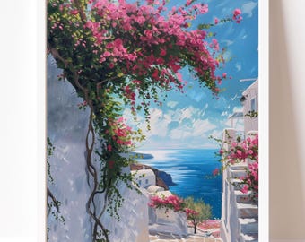 May include: A painting of a white building with a stone pathway leading to the ocean. The building is covered in pink flowers and vines. The ocean is blue and the sky is a light blue with white clouds.