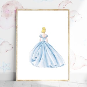 May include: A watercolor illustration of a woman in a light blue ball gown, viewed from behind. The woman has blonde hair pulled back in a bun. The gown has a full skirt and a fitted bodice.
