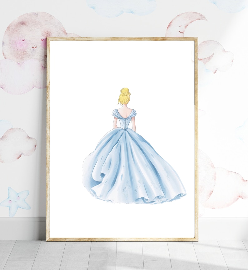 May include: A watercolor illustration of a woman in a light blue ball gown, viewed from behind. The woman has blonde hair pulled back in a bun. The gown has a full skirt and a fitted bodice.