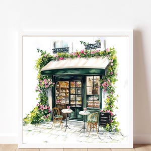 May include: A watercolor painting of a Parisian cafe with a green awning and pink flowers. The cafe has a sign that reads "Cafe gourmand, douceurs, limonade". There are two tables with chairs outside the cafe.