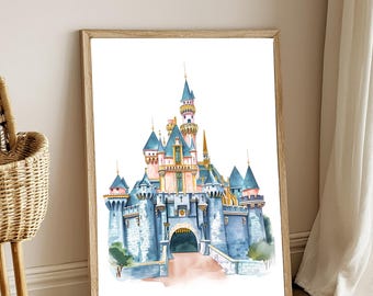 Arte de pared con el castillo de Aurora, arte de pared de princesa, arte de pared para guardería, arte de la Bella Durmiente, decoración de guardería para niña, arte de pared para niños, impresión azul para guardería de niña