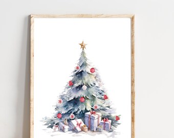 Impresión de árbol de Navidad en acuarela, arte mural navideño, decoración navideña imprimible (descarga digital)
