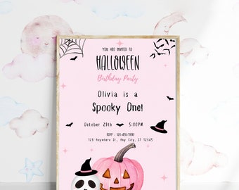 Halloween Party Invitation, Halloween Birthday Invitation, Pink Pumpkin Invitation, Editable Halloween Pink Birthday Invitation, Fall Invite