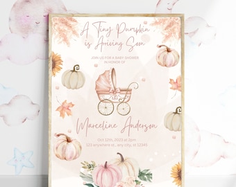 Baby Shower Invitation, Baby Shower Digital File Invite, Shower Invitation, Girl Pumpkin Shower Invite, Fall Girl Baby Shower, White Pumpkin