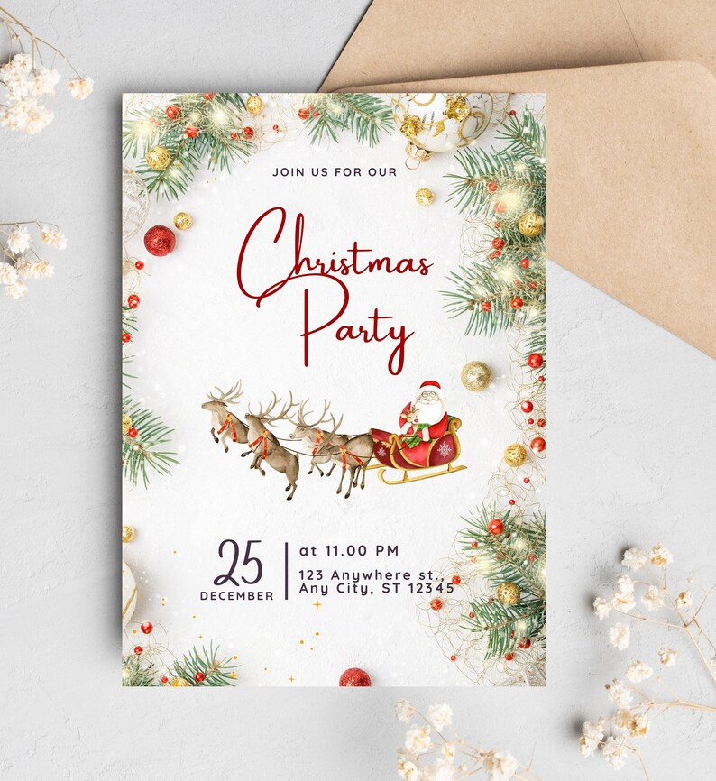 Start your Christmas celebration with a touch of elegance and charm. Whether it's a family gathering, office party, or a festive soirée with friends, this invitation sets the mood for a memorable event.