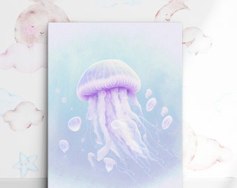 Jellyfish Thin Canvas,Ocean Theme Wall Art,Ocean Printable Wall Art,Girls Room Decor,Girls Nursery Decor, Jellyfish Prints,Original Wall Art