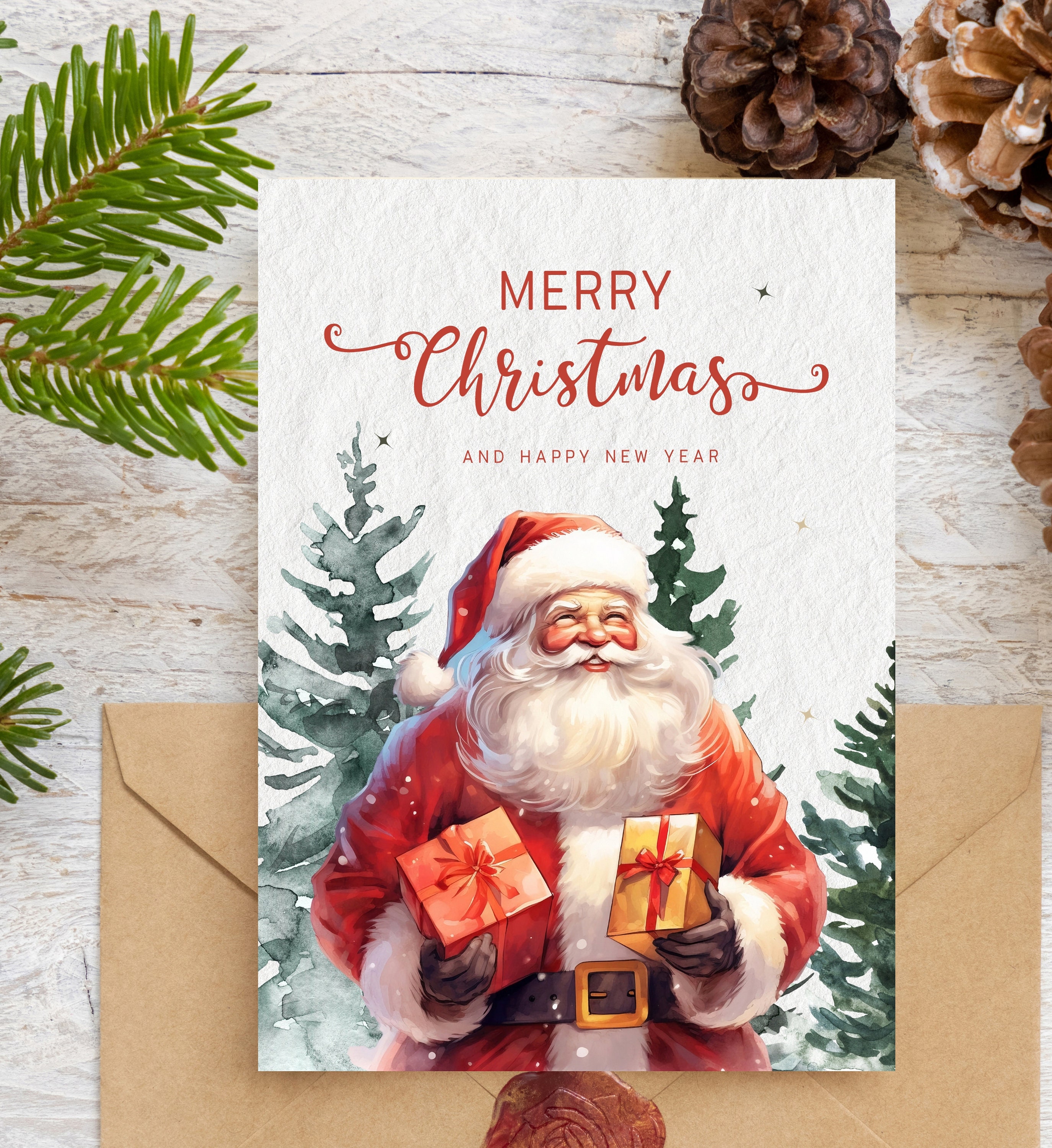 Merry Christmas Happy New Year Card Printable Christmas Card Holiday  Greeting Card Download Holiday Card Vintage Santa Christmas Card - Etsy, image size:2750x3000