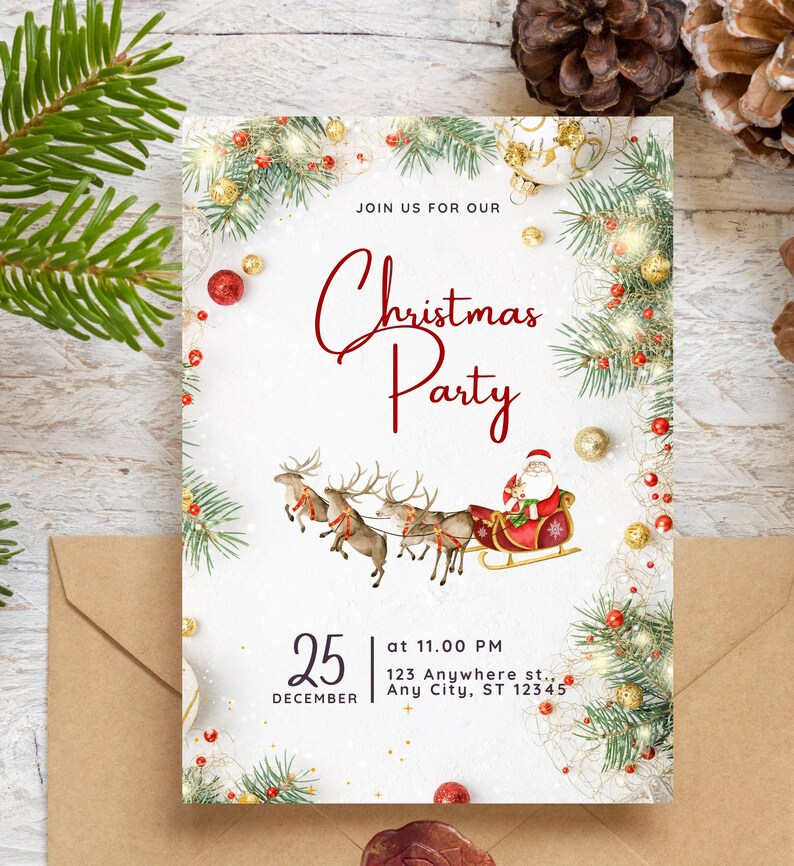 we've got the perfect invitation to kick off your holiday celebrations! This 5x7 inch Christmas Party Invitation is a digital download that's sure to set the tone for your festive gathering.