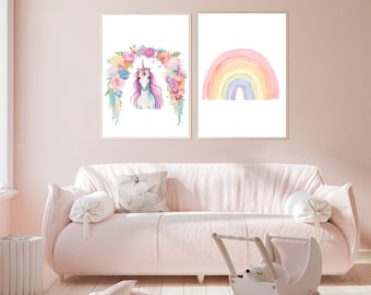 Unicorn Wall Art Set Unicorn Art Girls Room Decor Pink Wall Decor Rainbow Unicorn Wall Art Nursery Decor Girl Room Wall Decor