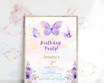Butterfly Birthday Party Invitation, Butterfly Invitation, Flora Birthday Invitation Card, Princess Birthday Party, Purple Invitation Card