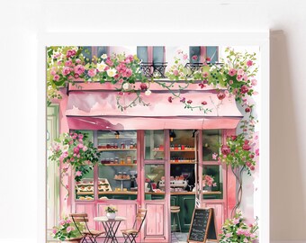 French Patisserie Print,Cozy Cafe,Kitchen Print, Pink Wall Art, Coffee Shop Print, Watercolor Cafe Wall Art,Bakery Poster,Cafe illustration