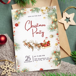 Puede incluir: Invitaci&oacute;n a una fiesta de Navidad con Pap&aacute; Noel en un trineo tirado por renos. La invitaci&oacute;n tiene un fondo blanco con detalles en rojo y dorado, y el texto "Christmas Party" en una fuente cursiva. La fecha y la hora tambi&eacute;n est&aacute;n incluidas.