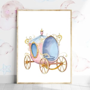 May include: A pink and gold carriage with a blue interior and gold wheels. The carriage has a gold crown on top and is decorated with gold swirls.