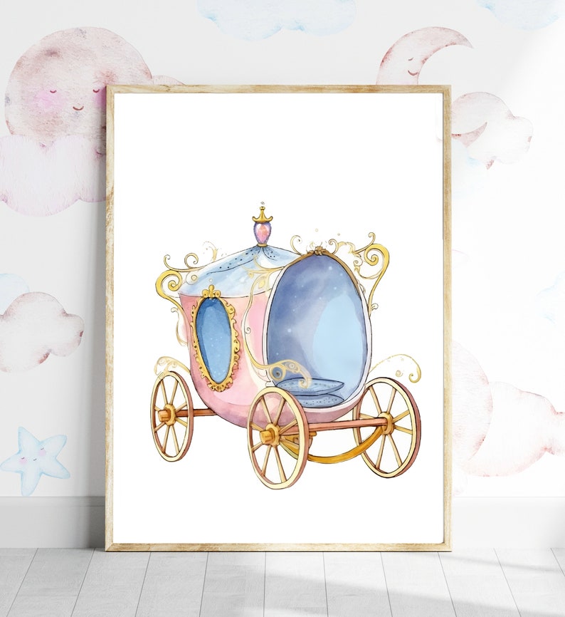 May include: A pink and gold carriage with a blue interior and gold wheels. The carriage has a gold crown on top and is decorated with gold swirls.