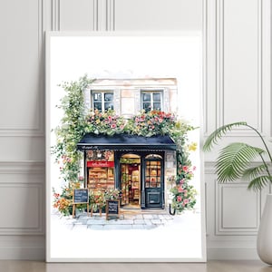 May include: A watercolor painting of a Parisian storefront with a black awning and a sign that reads "Le Jardin". The storefront is decorated with flowers and greenery.