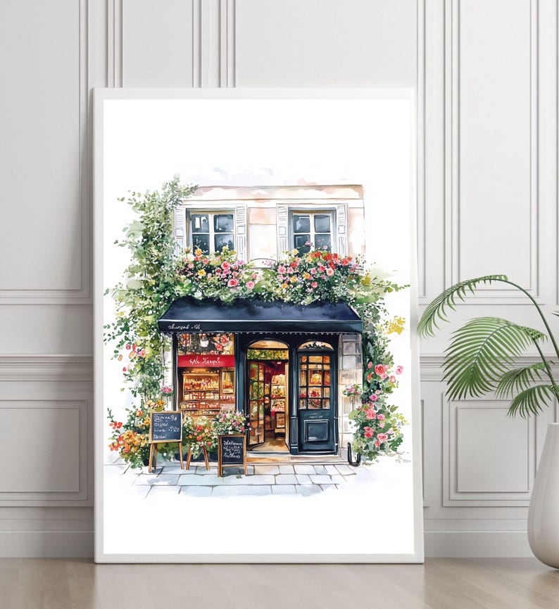 May include: A watercolor painting of a Parisian storefront with a black awning and a sign that reads "Le Jardin". The storefront is decorated with flowers and greenery.
