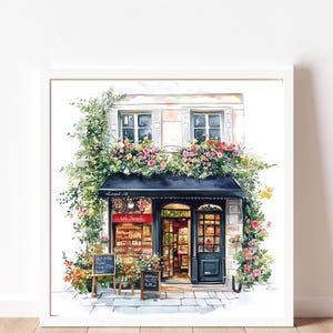 May include: A watercolor painting of a small shop with a black awning and a red sign that says "Le Jardin". The shop is surrounded by lush green plants and flowers. There are two black chalkboards with handwritten text on them.