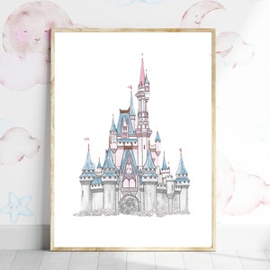 May include: A watercolor illustration of a fairytale castle with pink and blue accents. The castle has multiple towers and a large arched entrance. The illustration is framed in a light wood frame.