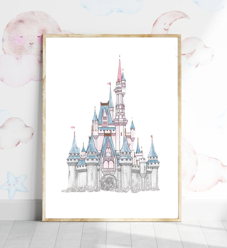May include: A watercolor illustration of a fairytale castle with pink and blue accents. The castle has multiple towers and a large arched entrance. The illustration is framed in a light wood frame.