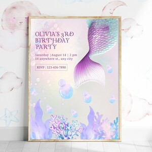 Carte d'invitation d'anniversaire de sirène personnalisée, fête d'anniversaire de sirène, carte d'invitation de petite sirène, fête d'anniversaire sous la mer, invitation de sirène