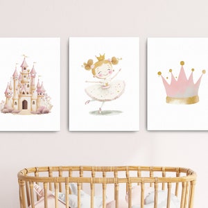 Princess Castle Set of 3 Canvas,Princess Nursery Room Decor,Girl Room Decor,Pink Nursery, Printable Wall Art, Princess Castle Crown Wall Art
