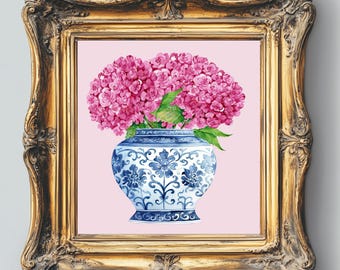 Pink Hydrangea Print Blue Vase Wall Art Home Decor Chinoiserie Vase Floral Art Print Housewarming Gifts Living Room Art Grandmillennial Art