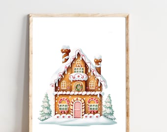 Lámina navideña de casa de jengibre, arte mural invernal (descarga digital)